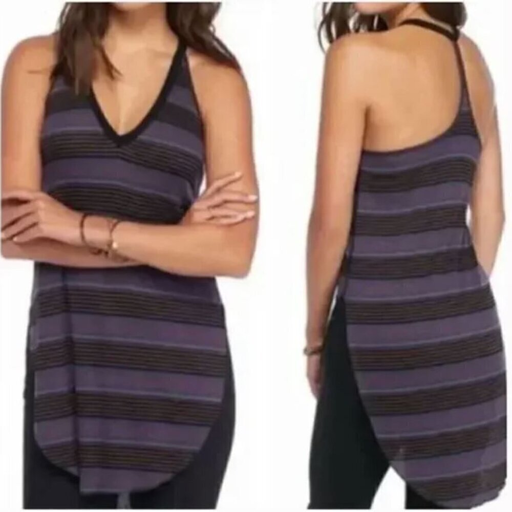 We the Free Loui Stripe Ribbed Black Purple Tunic Racerback Tank Top Size Small
